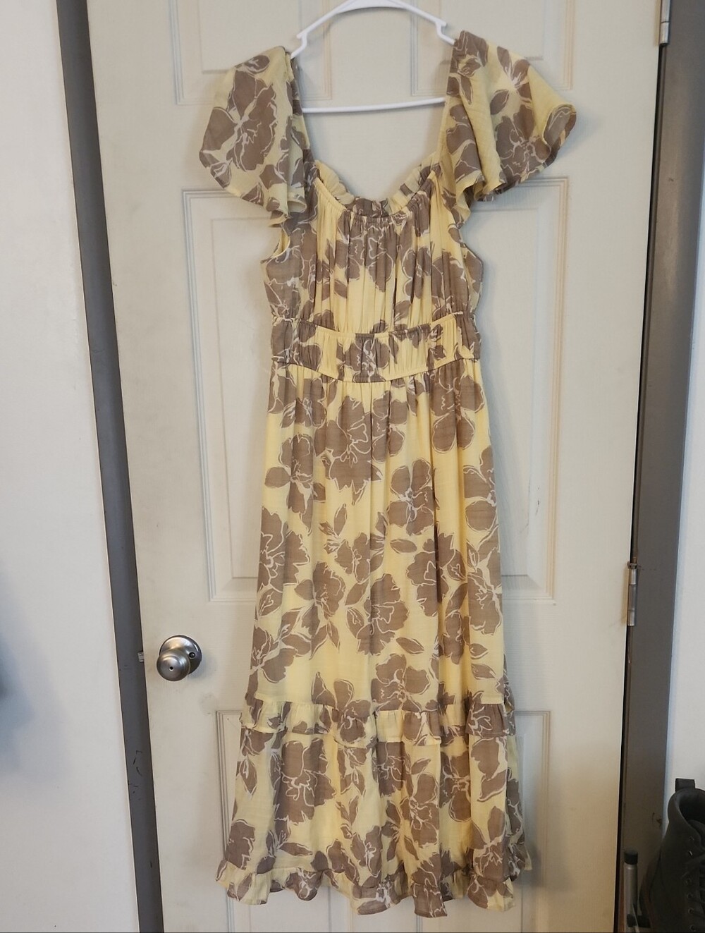 Luxology Yellow Floral Ruffle Maxi Dress with Taupe Blooms